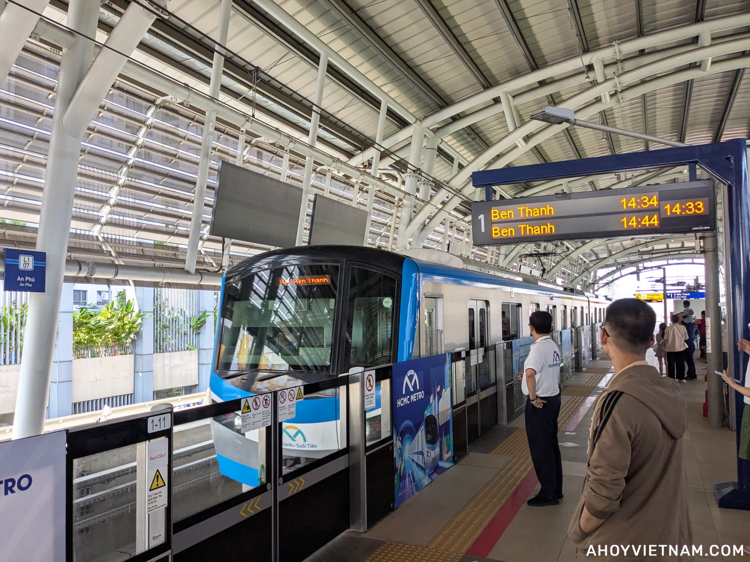HCMC Metro train approaching at the An Phu Station in Ho Chi Minh City