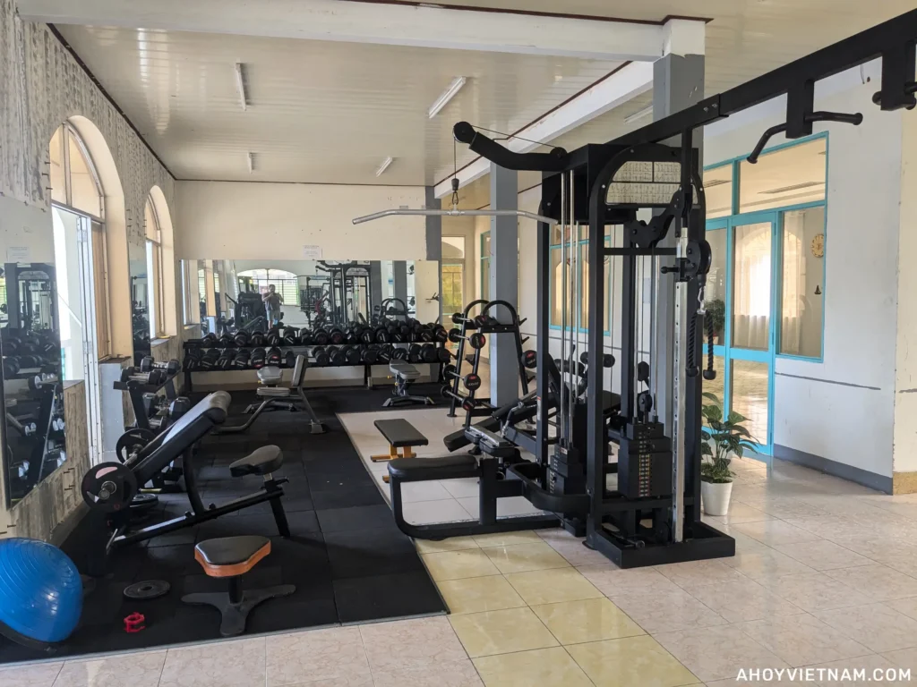 Dumbbells and a cable machine inside Hoc Vien Fitness 199 in Da Nang.