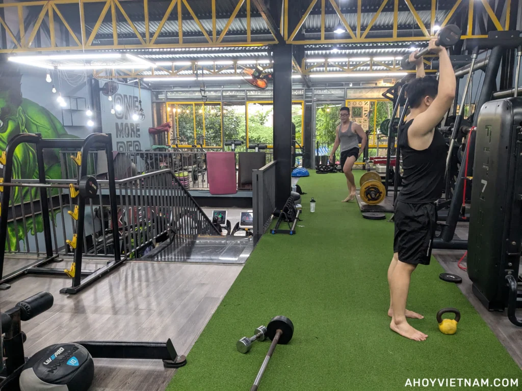 People exercising on the second floor of Kien Gym in Da Nang, Vietnam.