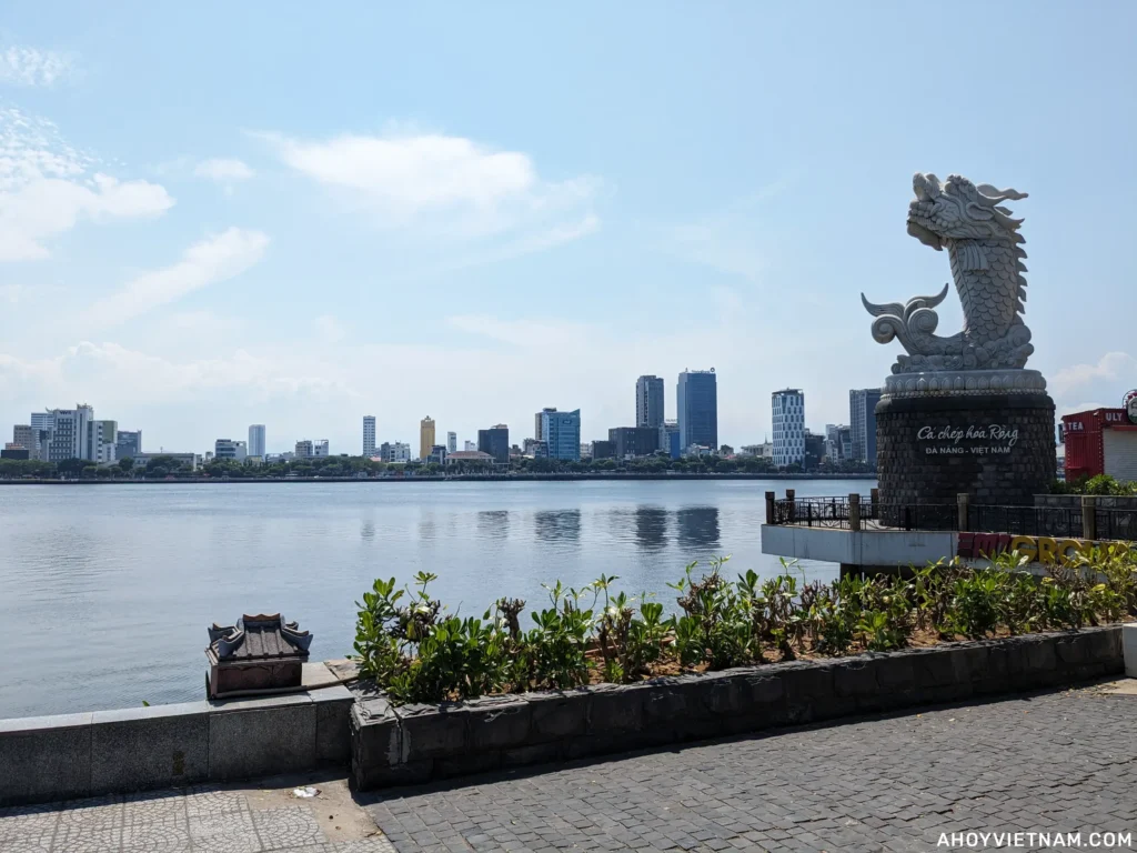 Statue of a carp turning into a dragon in front of the Han River in Da Nang, Vietnam