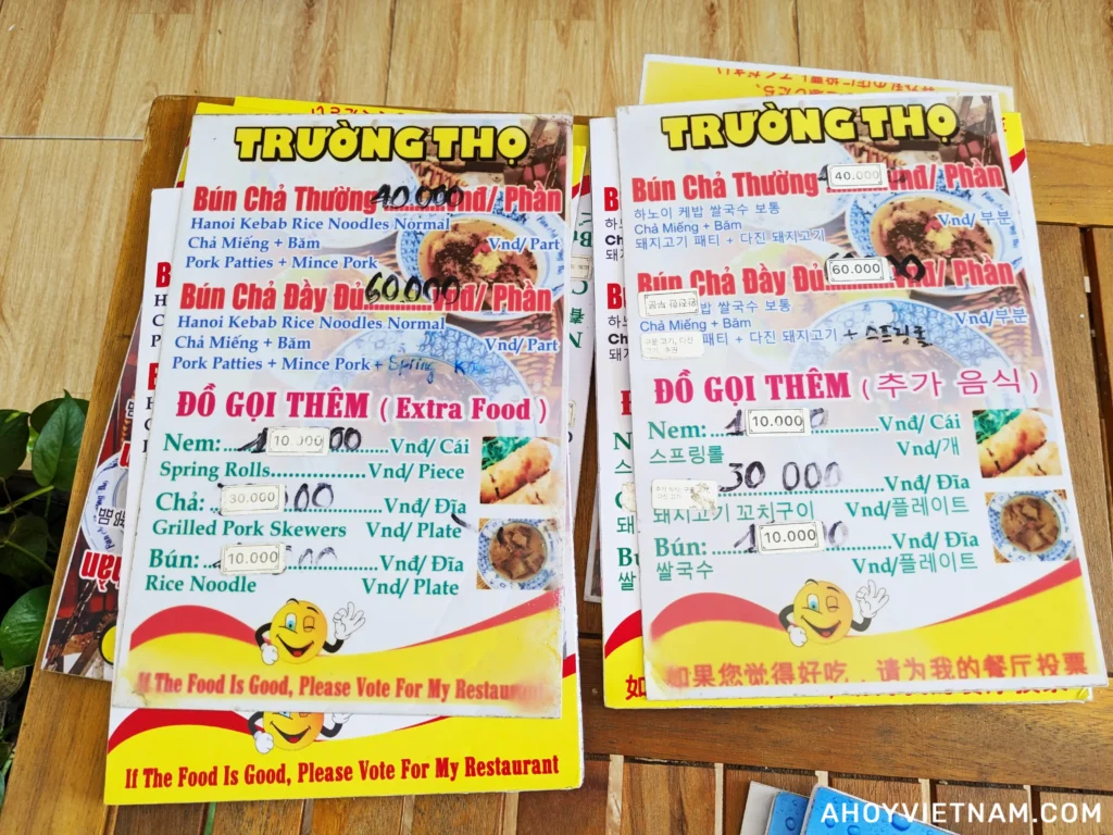 The food menu at Bun Cha Truong Tho in Da Nang, Vietnam