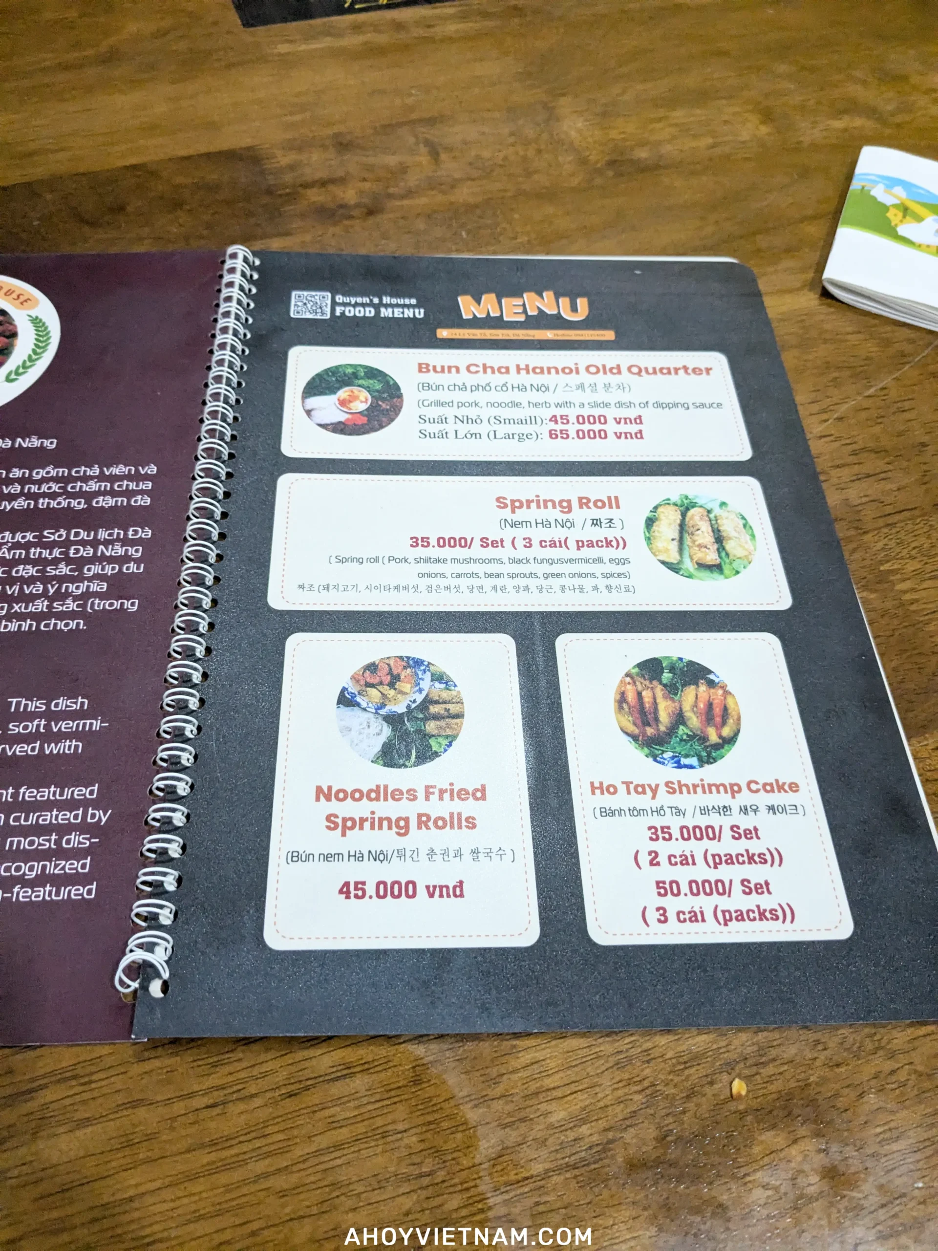 The food menu from Bun Cha Quyen's House in Da Nang.