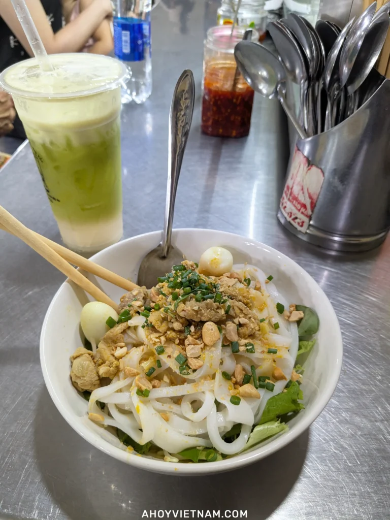 Juice and a bowl of Mi Quang inside the My An Market in Da Nang.