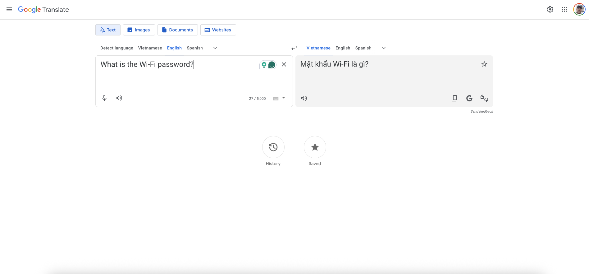 A screenshot on Google Translate, translating "What is the Wi-Fi password?" in English to Vietnamese