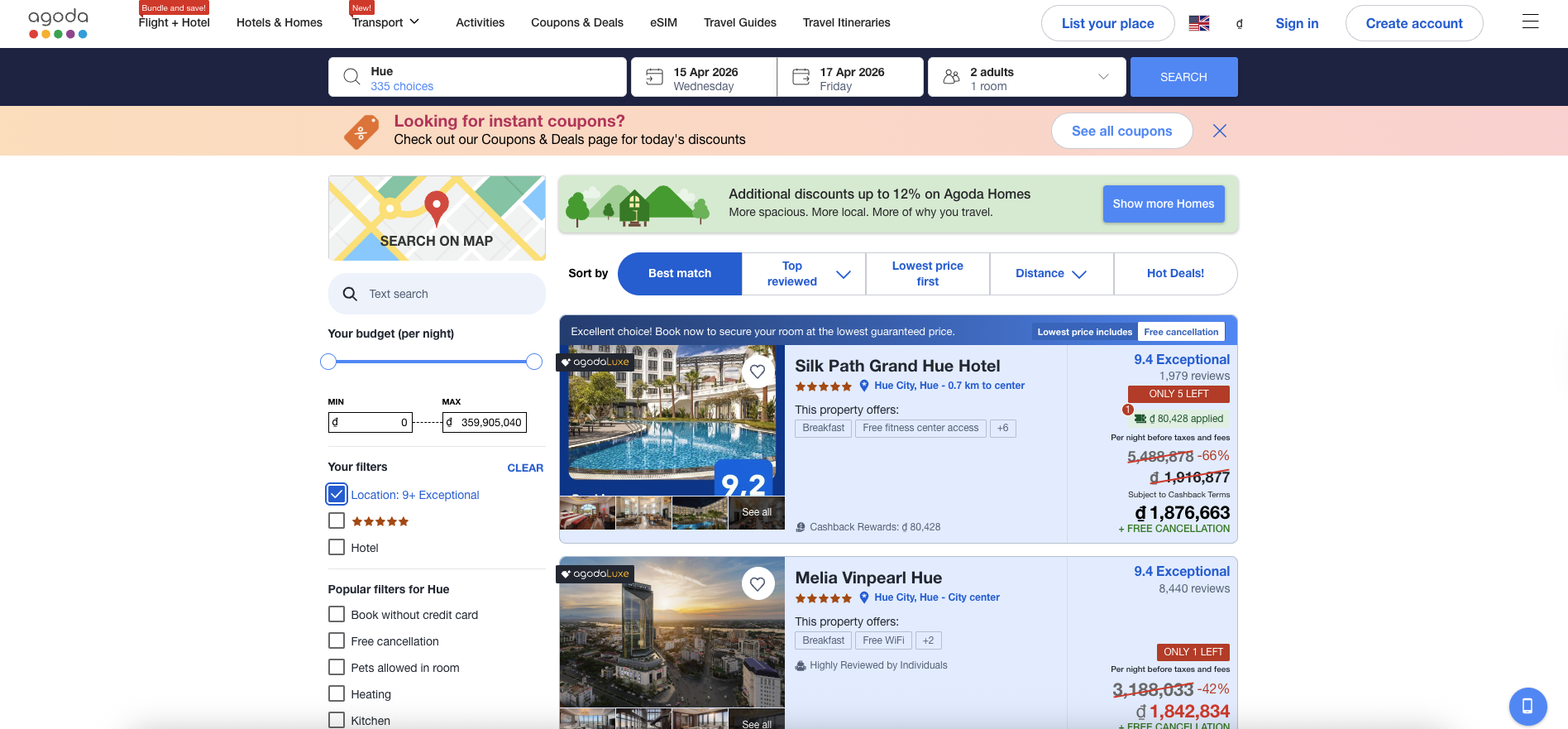 A screenshot of the search page on Agoda, looking at hotels in Hue, Vietnam