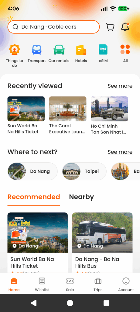 A screenshot of the hompage of Klook, a travel app for Vietnam and Southeast Asia