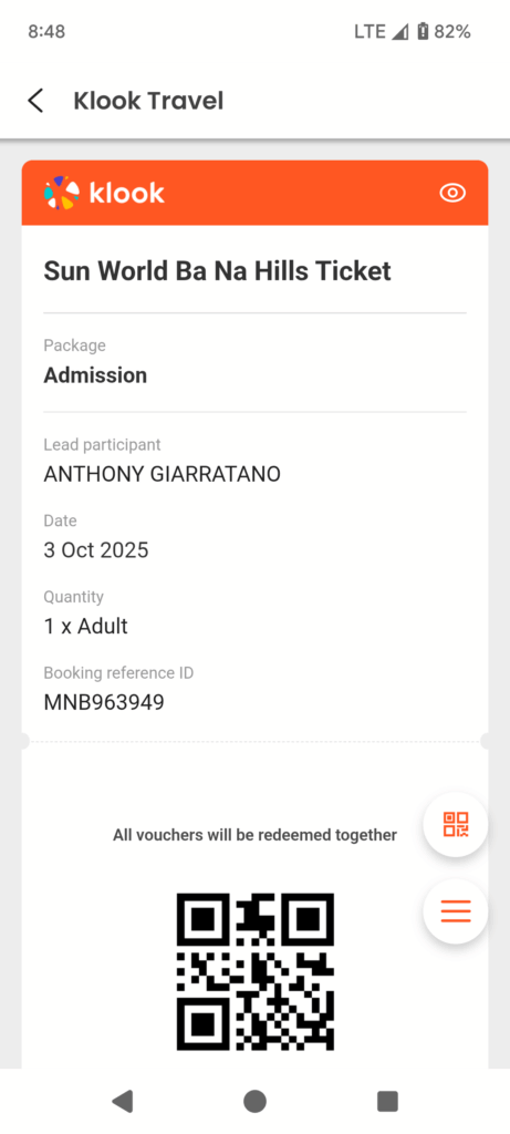 A screenshot of my Ba Na Hills ticket inside the Klook app