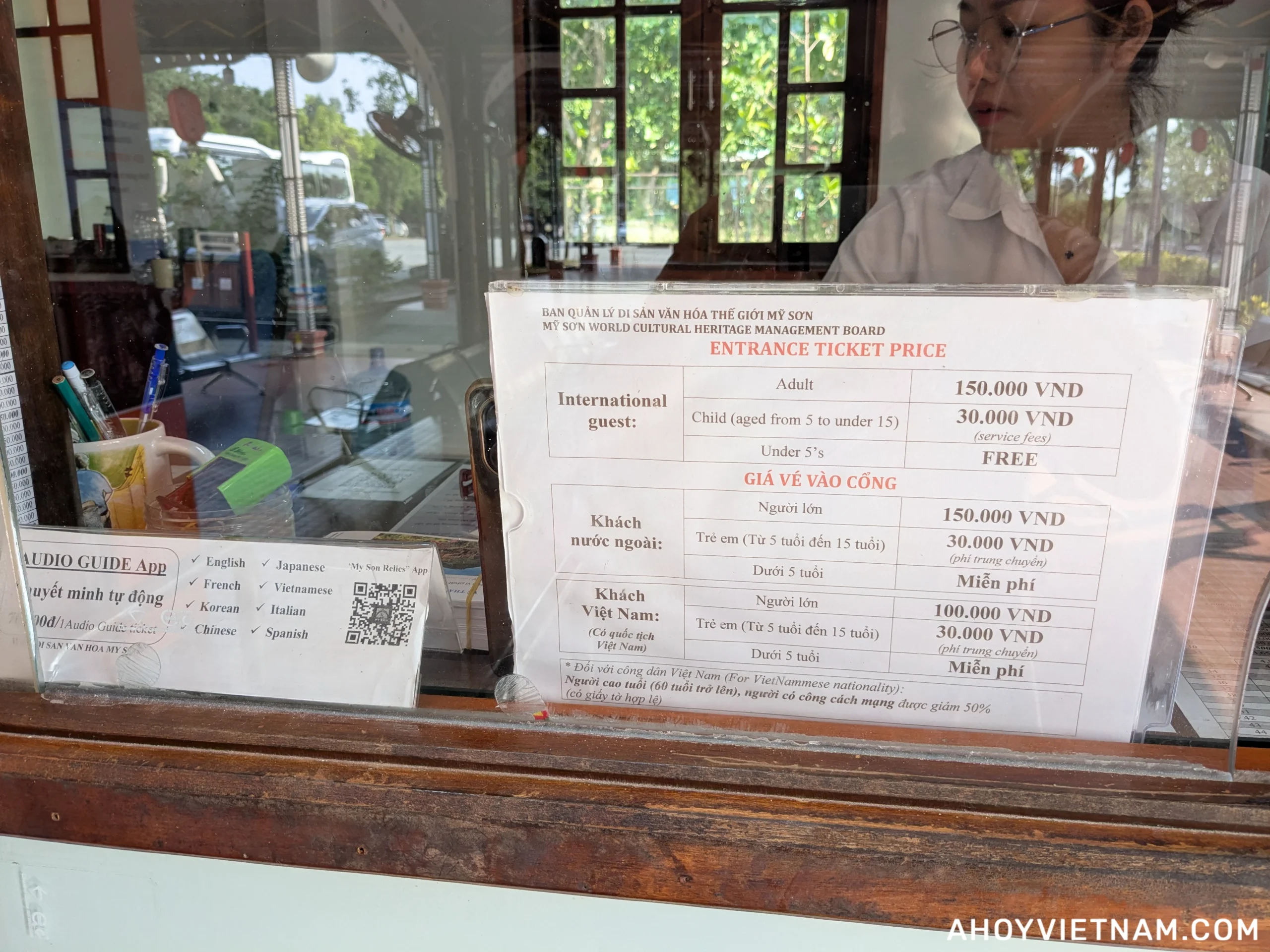 A sign showing the entrance ticket costs at My Son Sanctuary in Vietnam