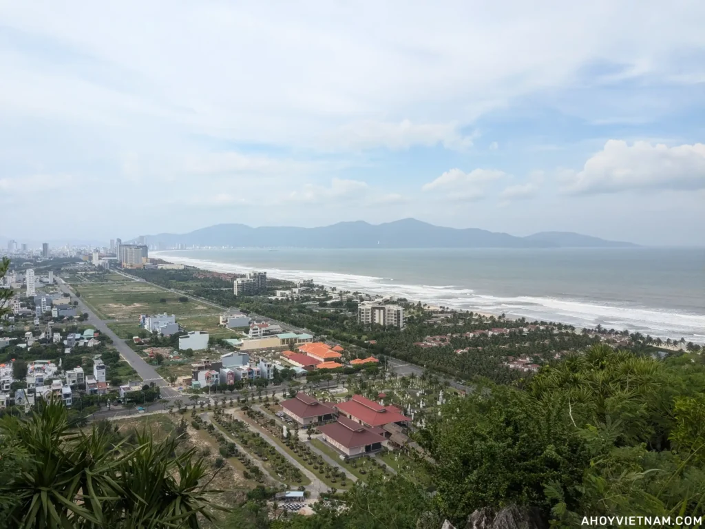 The Son Tra Peninsula, ocean, beach, and part of Da Nang viewed from the peak of the Marble Mountains.