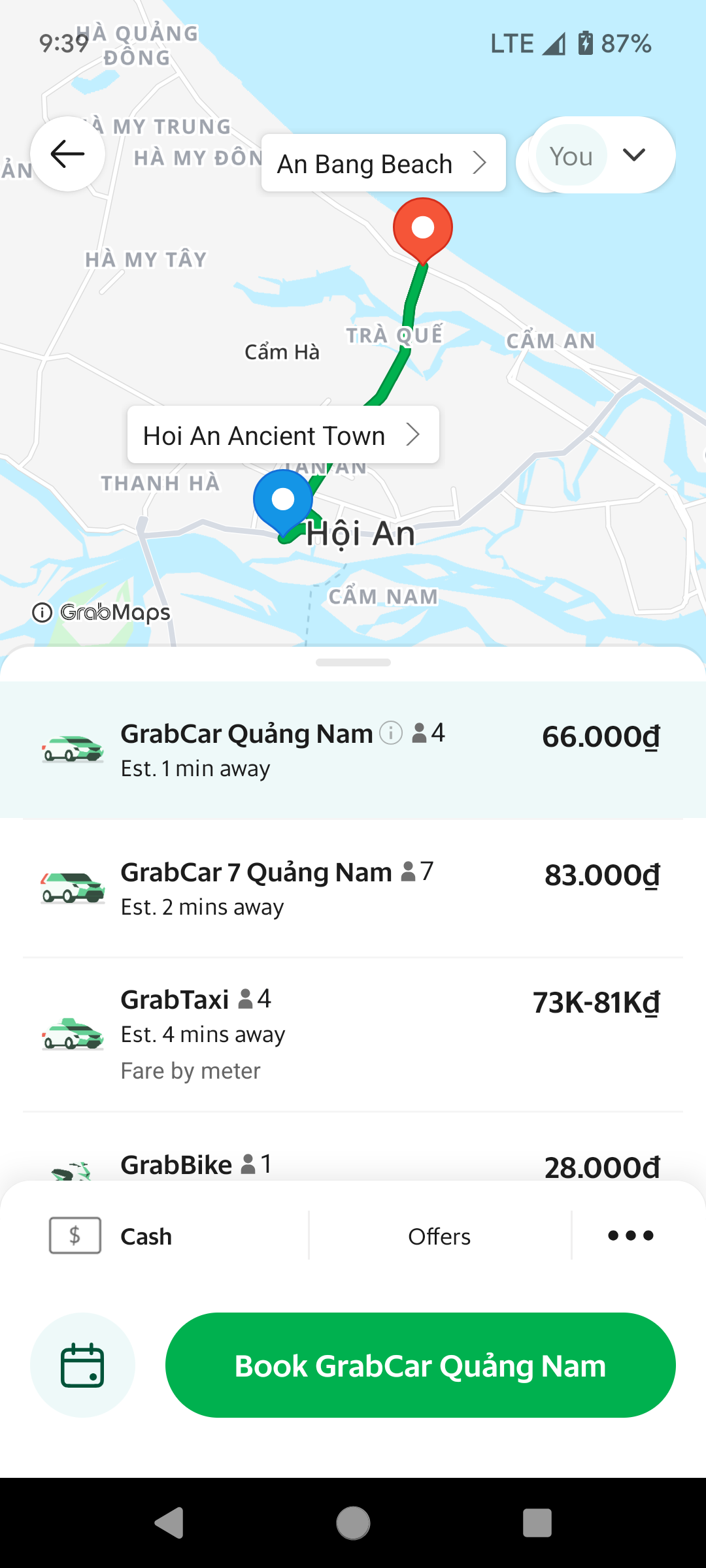 A screenshot of a Grab trip from Ancient Town Hoi An to An Bang Beach in Hoi An.