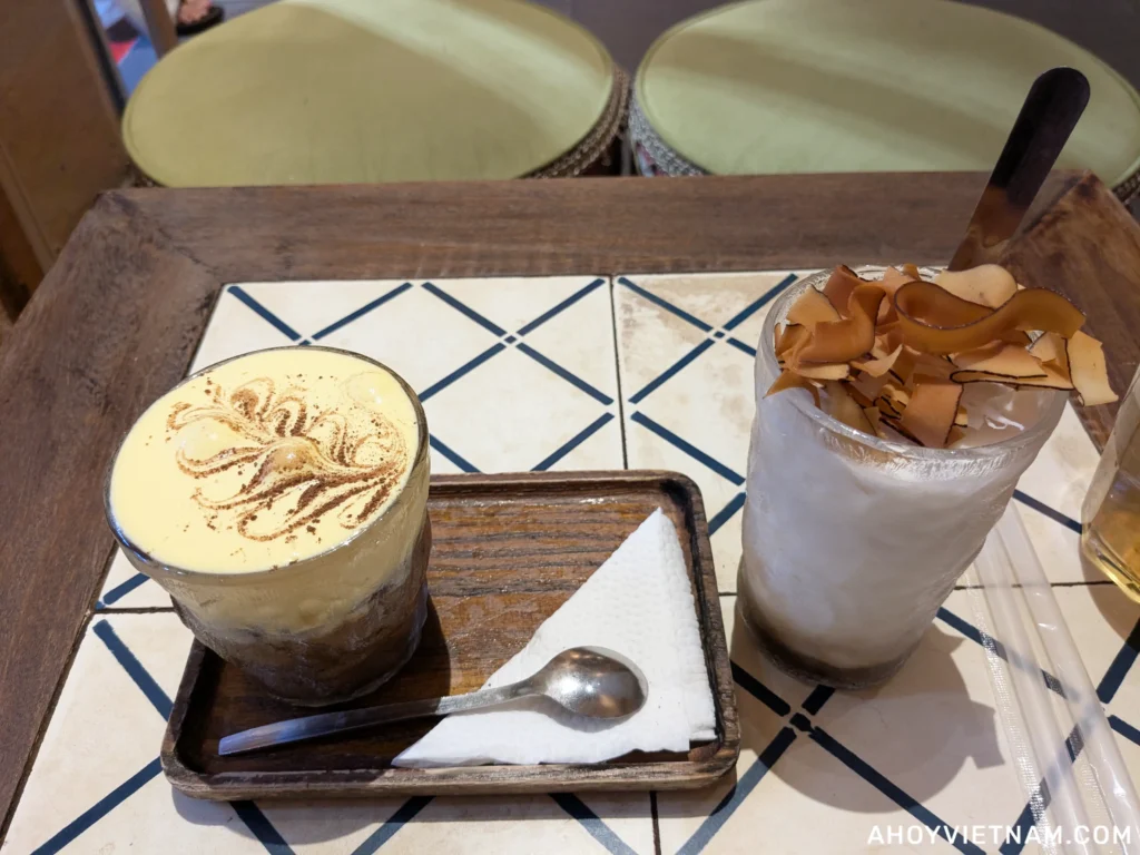 Iced egg coffee and coconut coffee from Cửa Ngõ Café in Da Nang, Vietnam