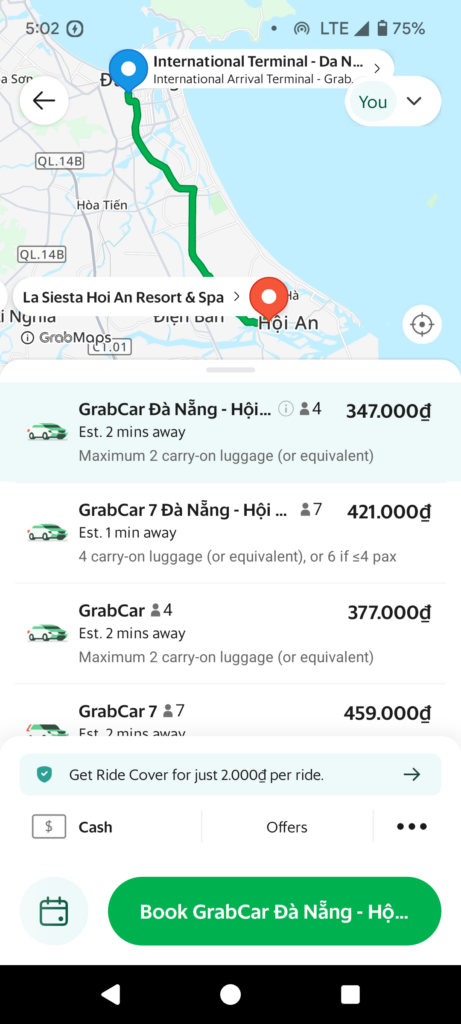 A sample booking inside the Grab app from Da Nang airport to La Siesta Hoi An Resort and Spa.