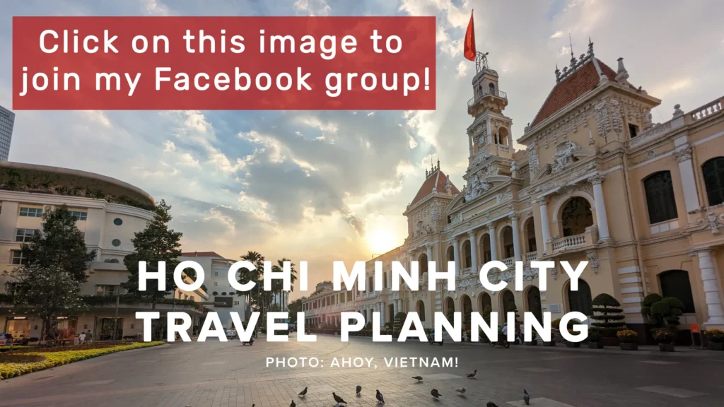 Ho Chi Minh City travel planning Facebook group, with the People's Committee Building in the background.