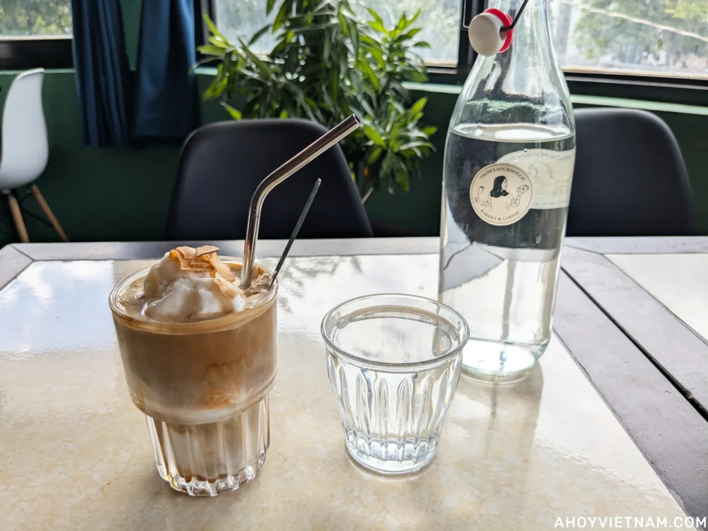 Coconut coffee and water at Thom's Sourdough Bakery and Coffee at An Bang Beach.