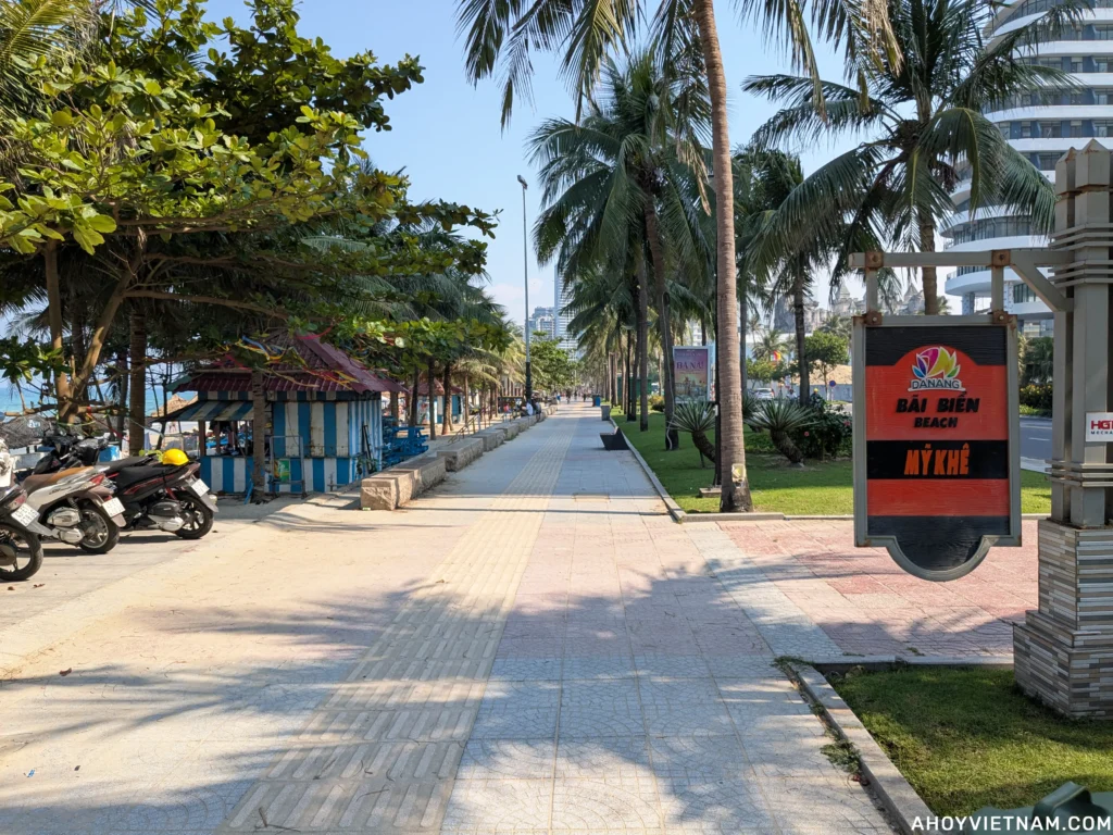 Walking on the path alongside My Khe Beach in Da Nang.