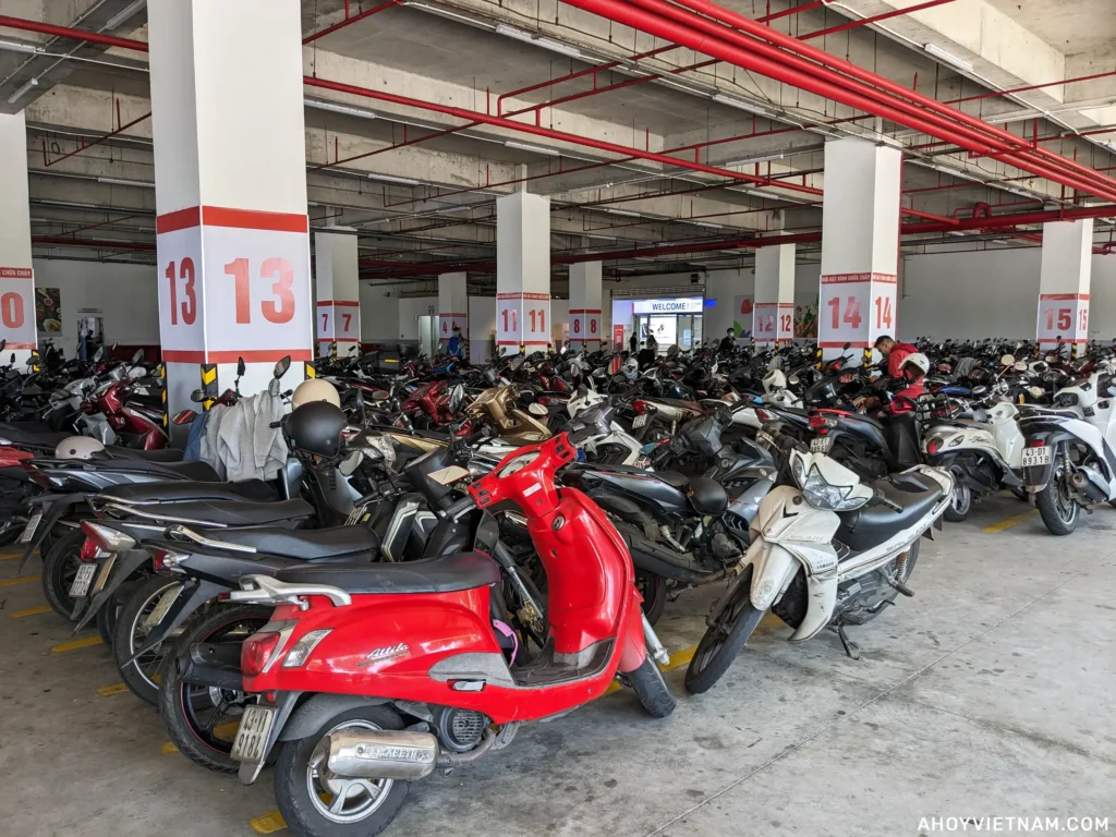 Hundreds of scooters parked in the garage at Lotte Mart in Da Nang.