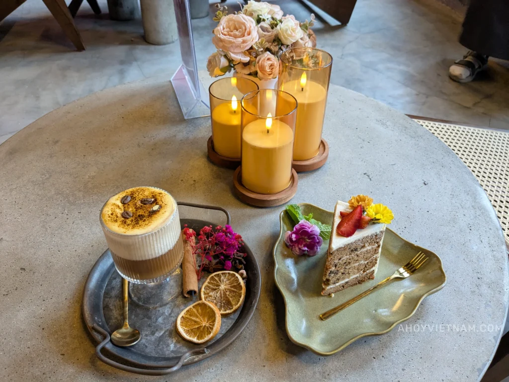 Egg coffee and a slice of carrot cake from Lady Buddha Coffee and Tea Co. in Hoi An, Vietnam.