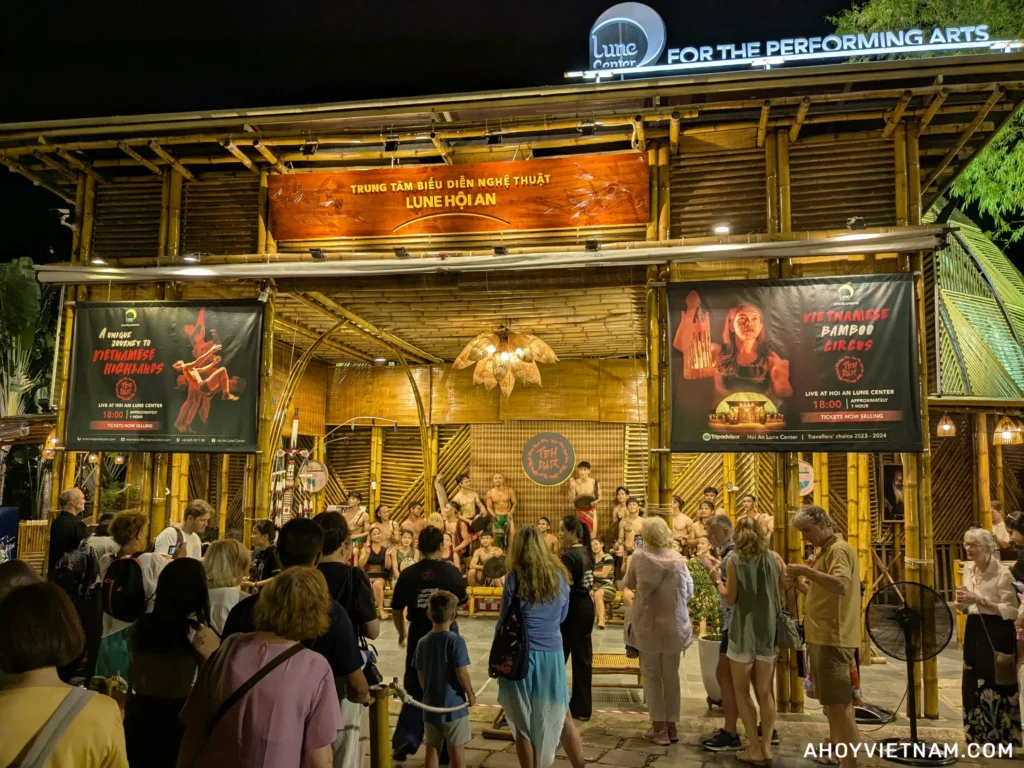 Cast members taking pictures with guests after the show at the Lune Center in Hoi An, Vietnam
