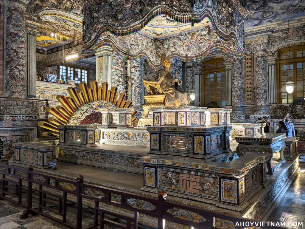 The gilded bronze statue of Emperor Khai Dinh inside Khai Dinh tomb in Hue.