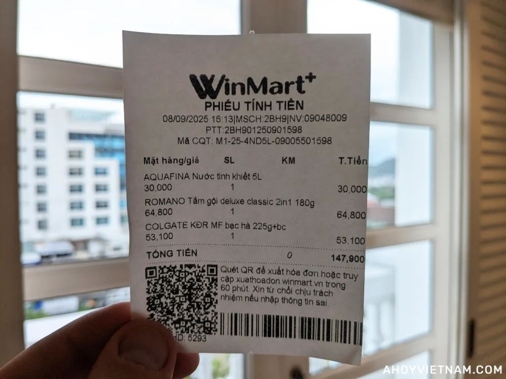 My receipt from a WinMart convenience store in Hue, Vietnam.