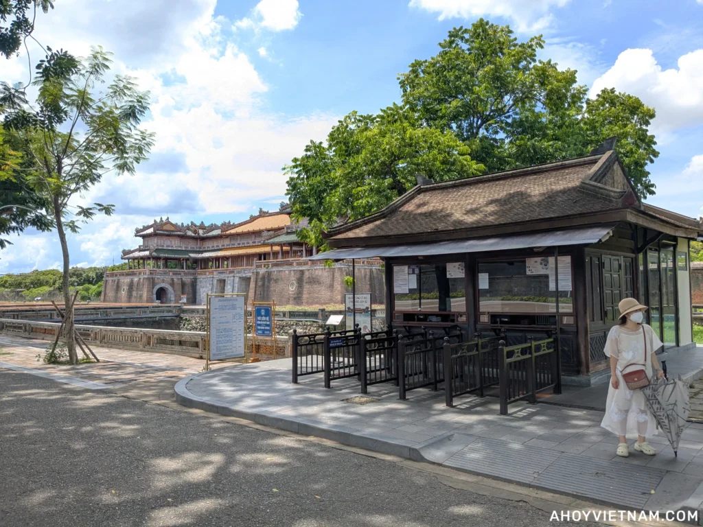 A ticket booth outside Hue Imperial City, with the Meridian Gate in the background