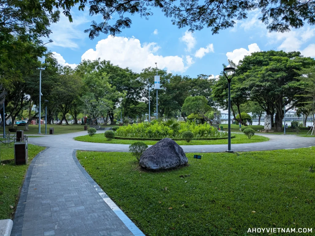 Walking through February 3 Park along the Perfume River in Hue, Vietnam