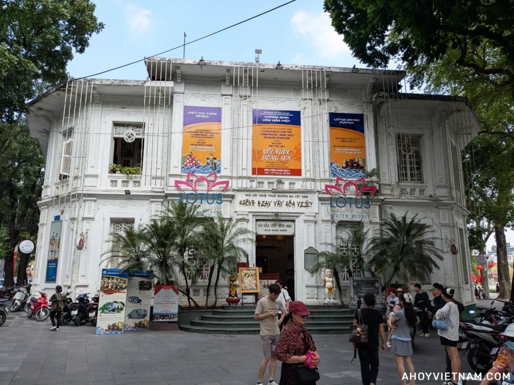 Outside the Lotus Water Puppet Theatre building in Hanoi, Vietnam