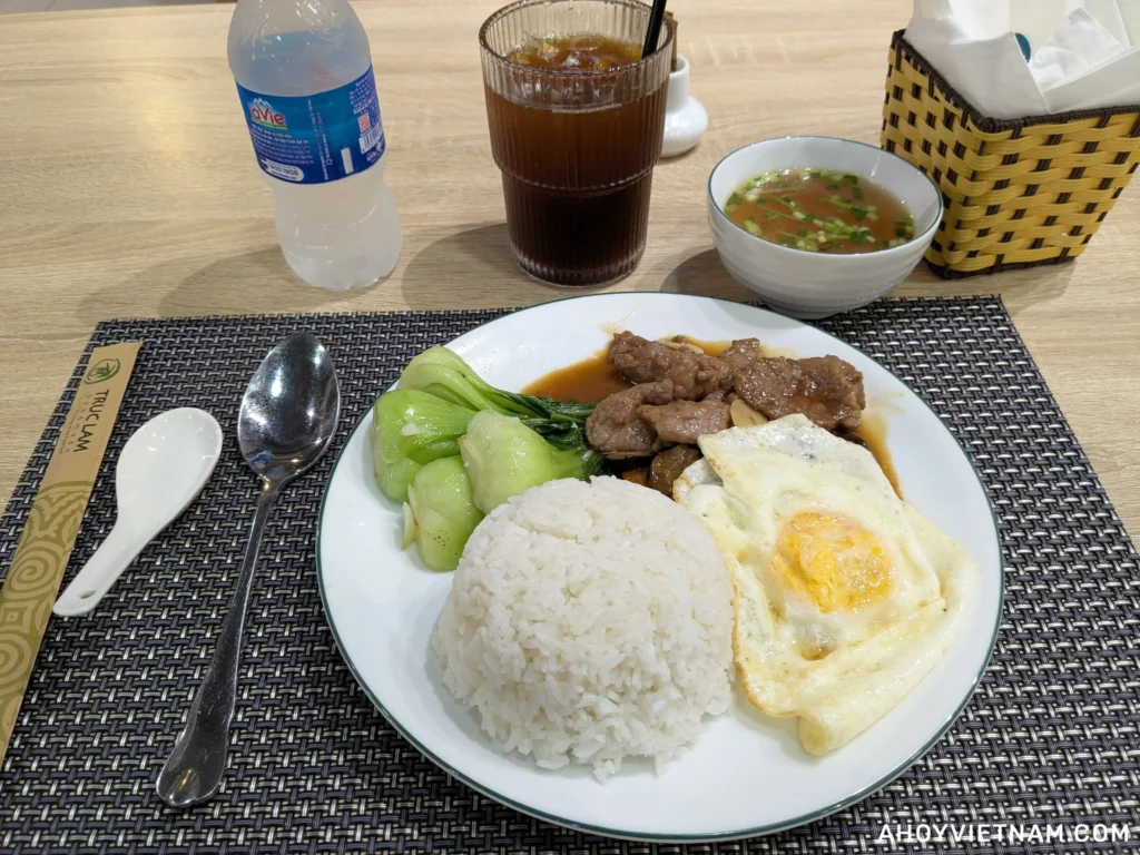 Coffee, soup, beef, rice, and a fried egg at the cafe inside the Vietnam Museum of Ethnology in Hanoi