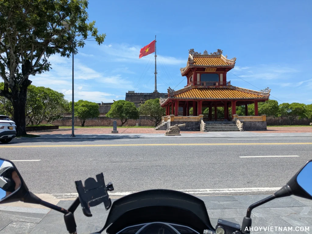 On my scooter in front of the Hue Flag Tower (Ky Dai) in Hue, Vietnam