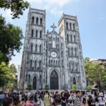 Crowds outside St. Joseph's Cathedral in Hanoi, Vietnam
