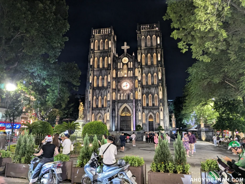 St. Joseph's Cathedral in Hanoi lit up at night