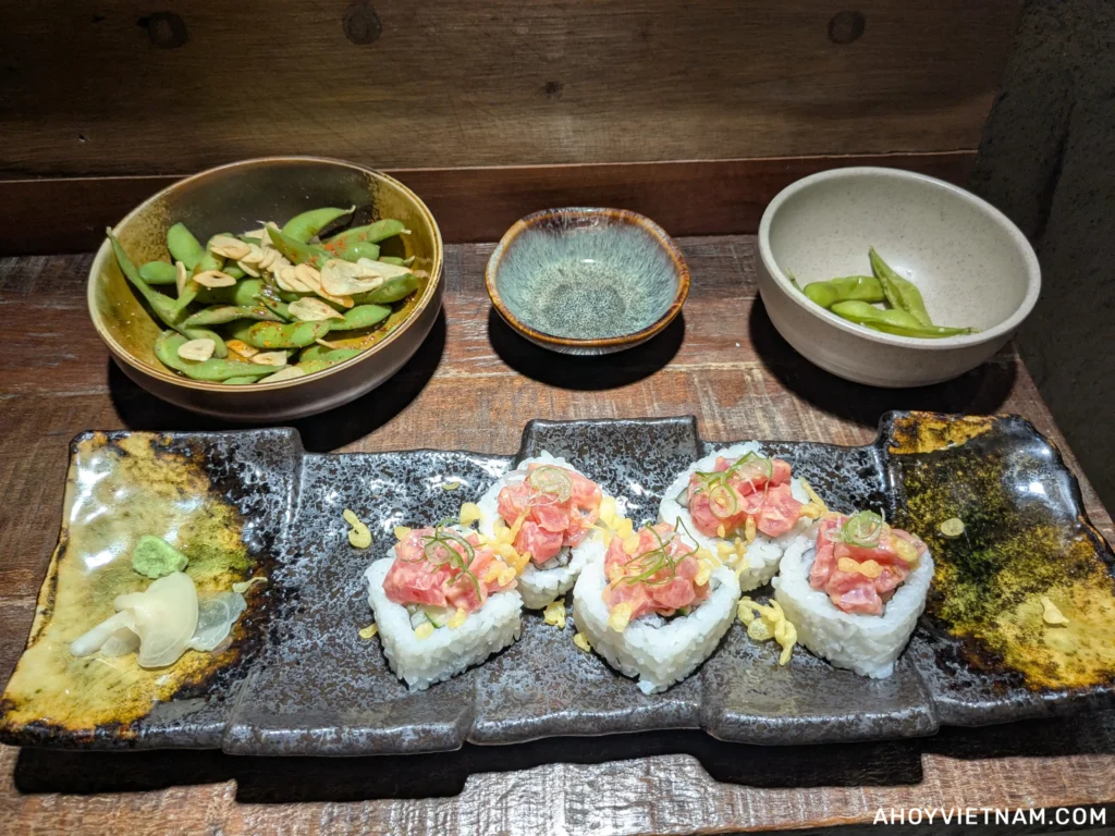My edamame and sushi from Gem Sushi Bar in Hue, Vietnam