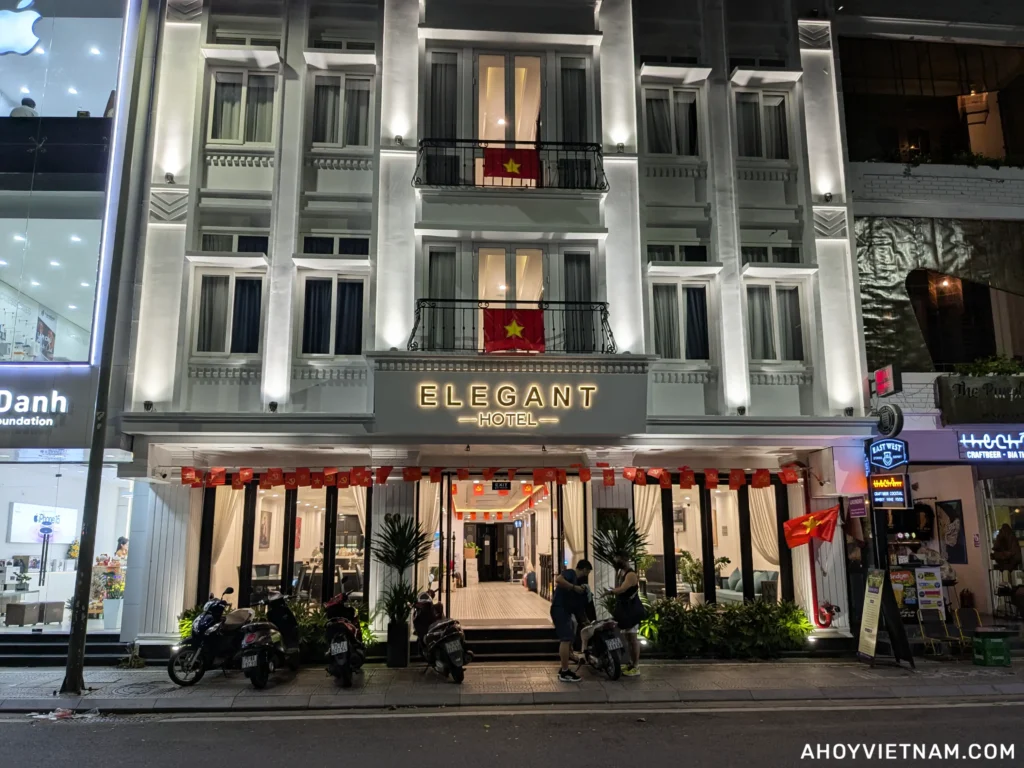 Nighttime outside the Elegant Hotel on Nguyen Tri Phuong Street in Hue, Vietnam