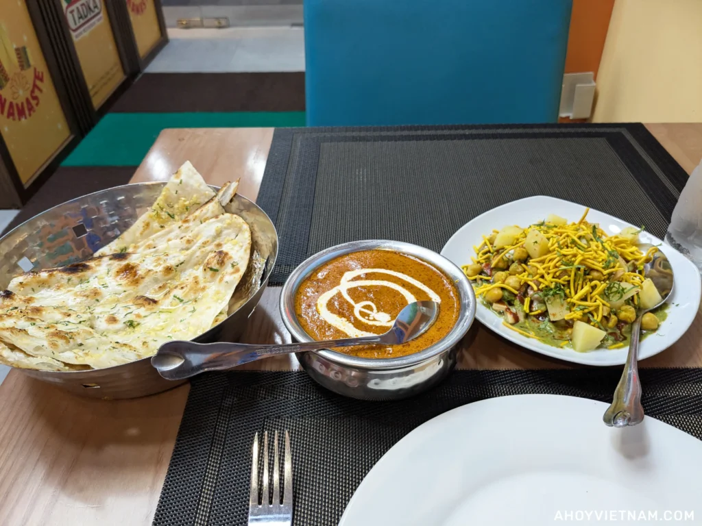 Naan and butter chicken at an Indian restaurant in Hanoi, Vietnam