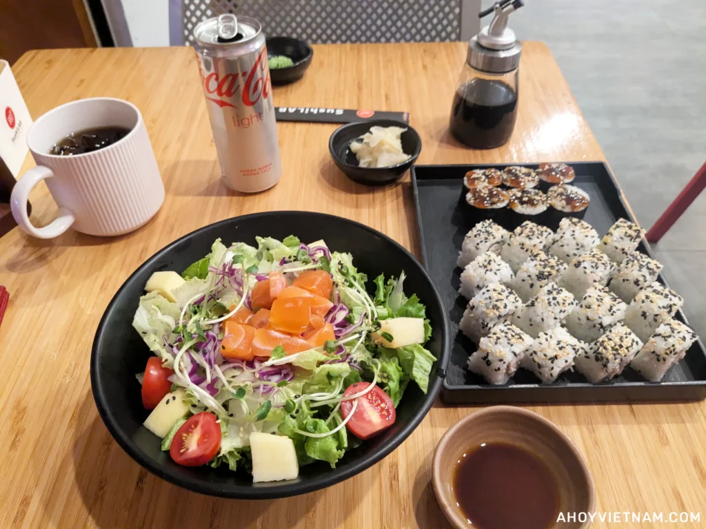 My salmon salad and sushi from SushiLAB in Hanoi
