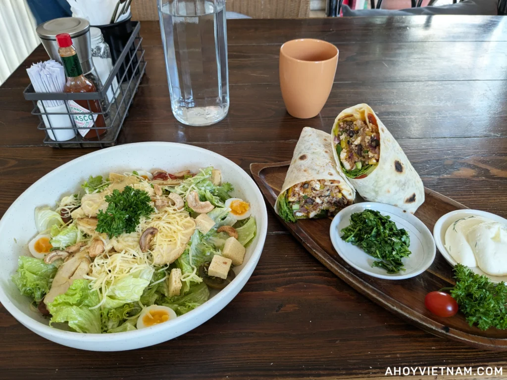 My chicken salad and burrito from Alpaca Homestyle Cafe in Nha Trang, Vietnam