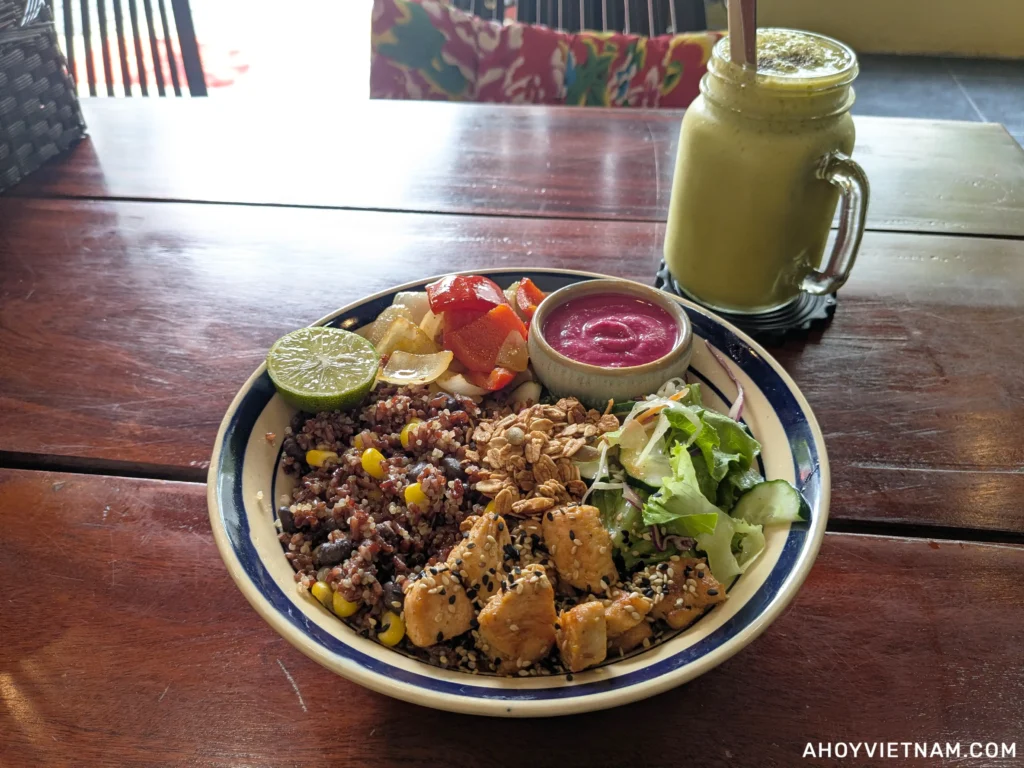 My protein bowl with chicken and rice at Confetti Coffee and Brunch in Hoi An
