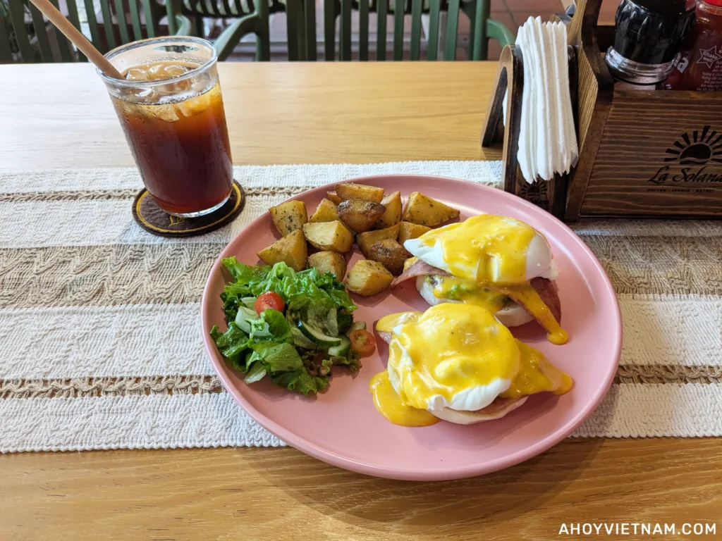 Eggs Benedict and an iced coffee at La Solana in Hoi An