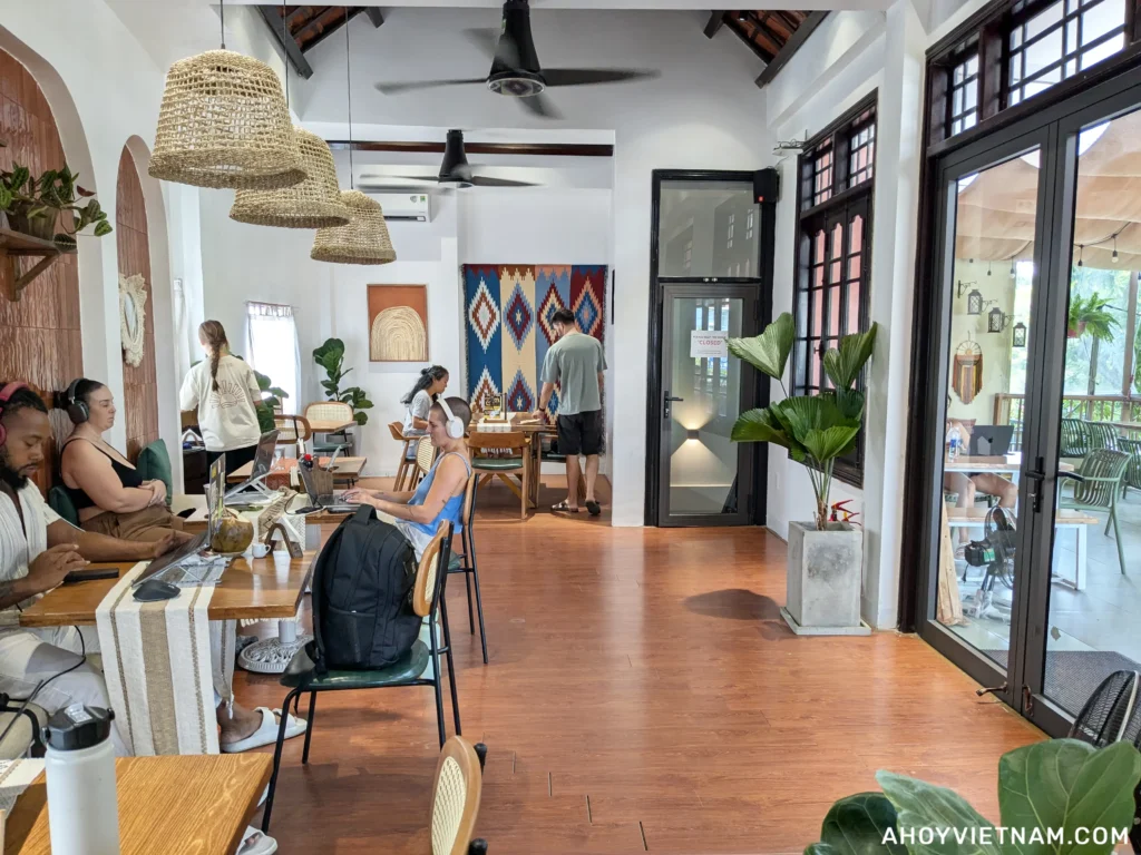 The indoor seating area on the second floor of La Solana restaurant in Hoi An