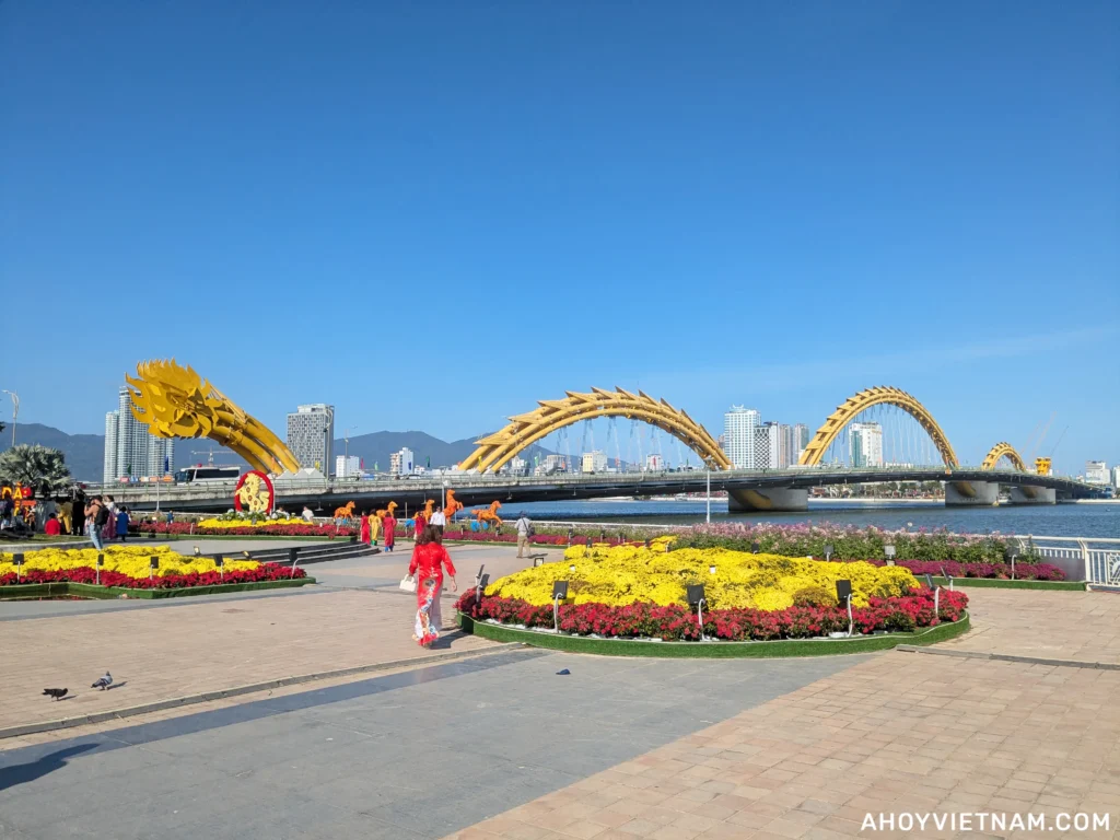 Blue skies over the tail of the Dragon Bridge in Da Nang
