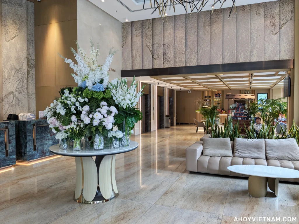 The downstairs lobby of the Adamas Boutique Hotel Nha Trang