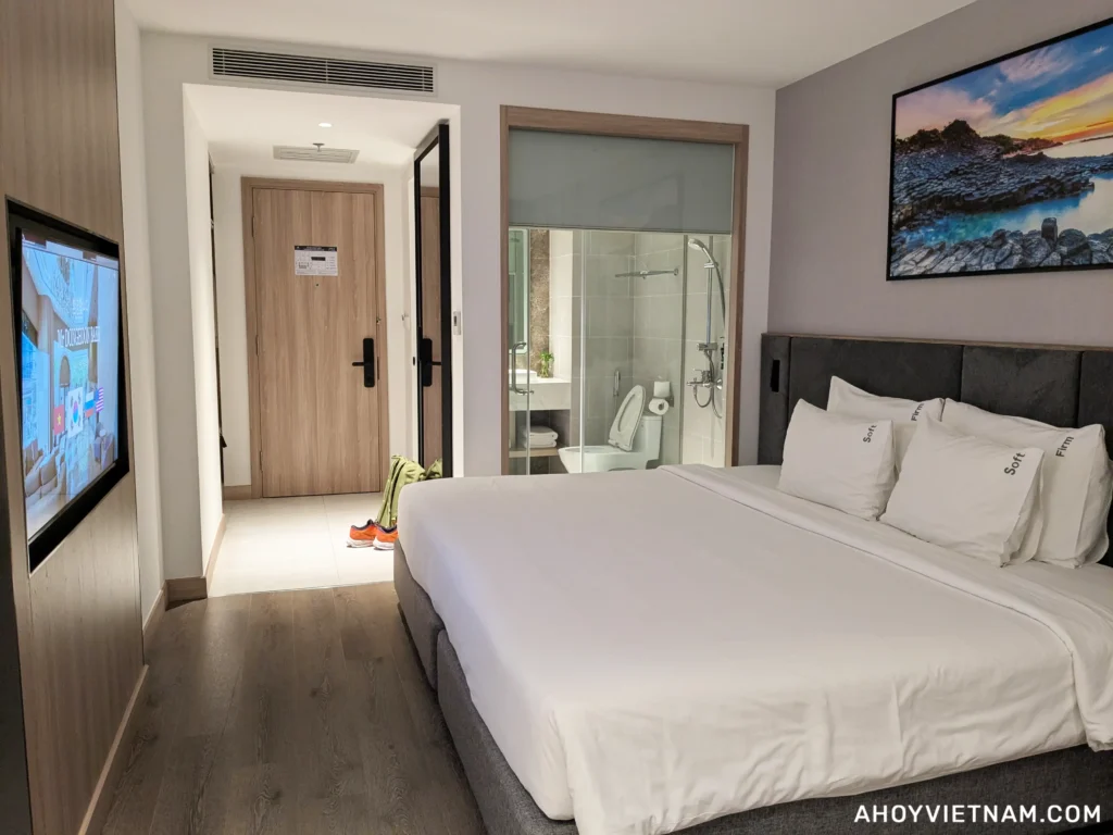 Inside my room at the Adamas Boutique Hotel Nha Trang, showing the front door, bathroom, TV, and bed